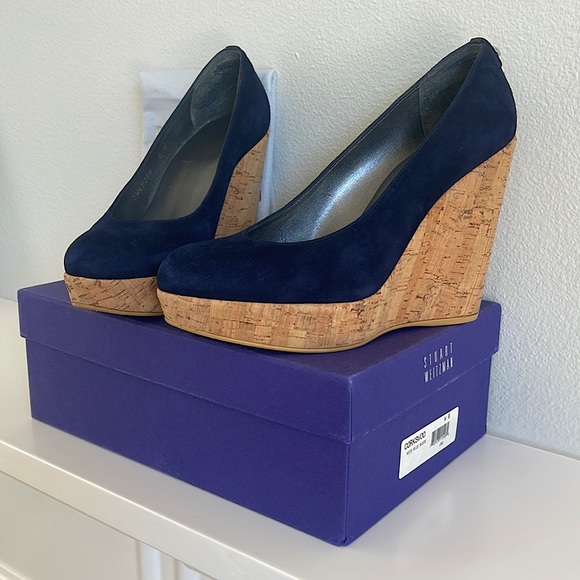 Stuart Weitzman Shoes - Stuart Weitzman Corkswoon Navy Suede Wedges, Size 8W